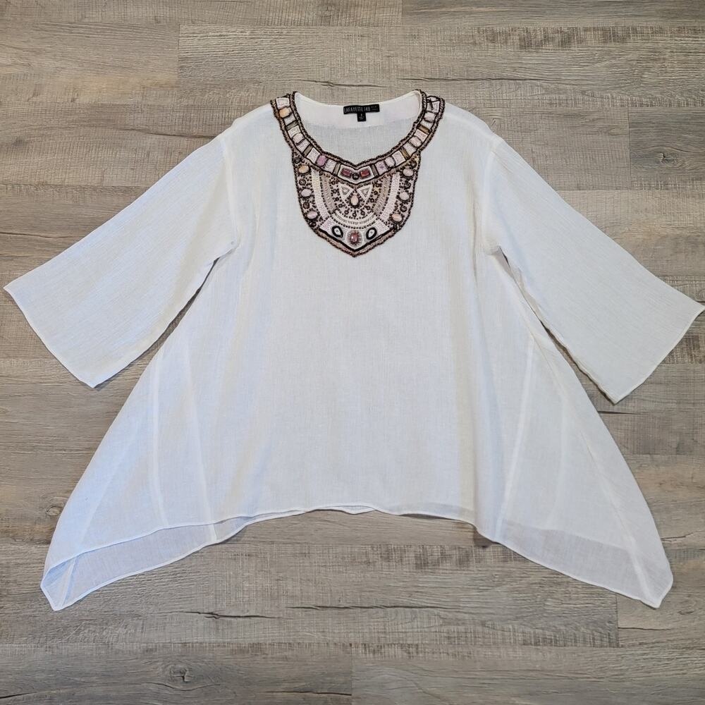 Lafayette 148 NY Size 8 Tunic Top Embellished Oversized Linen Silk Boho Luxury